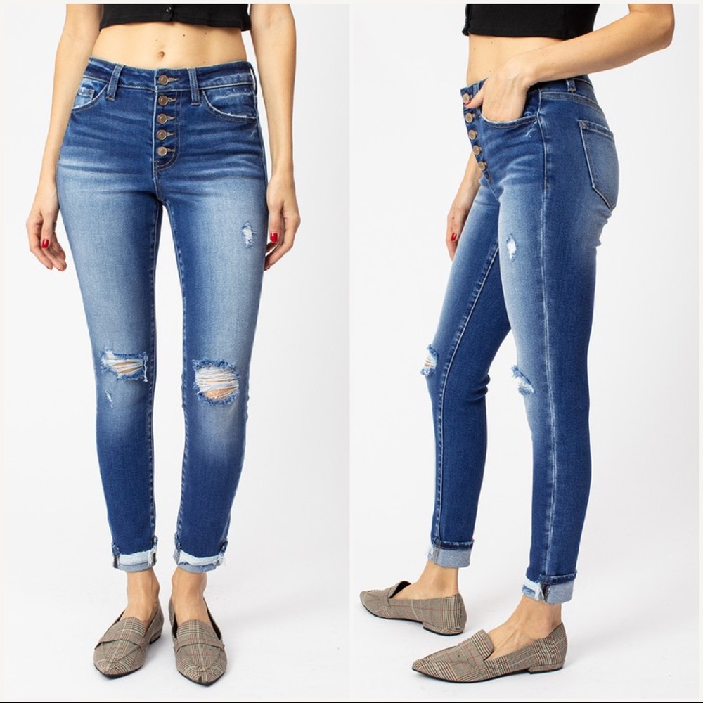 High Rise Button Fly Skinny Jeans - Picture 6 of 7